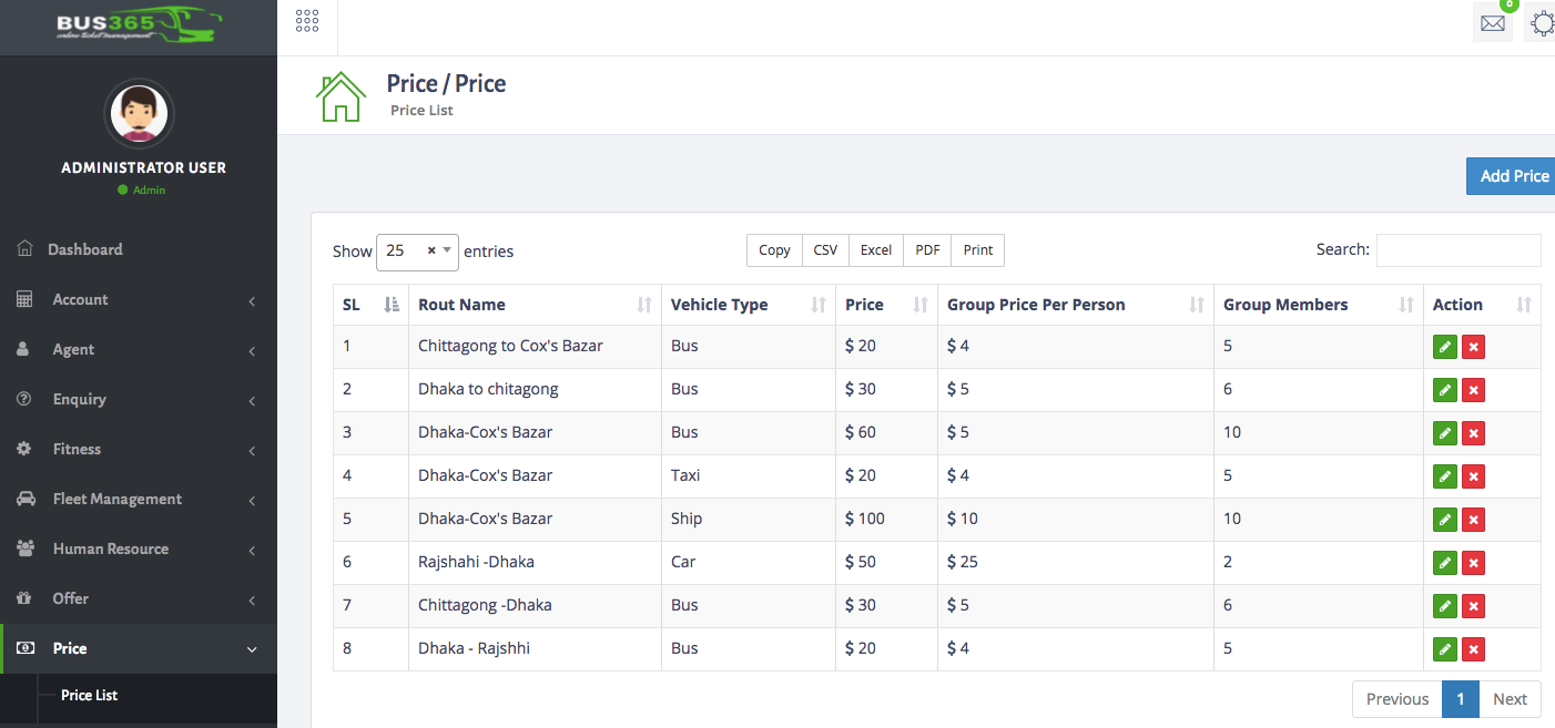 bus365 price Management System