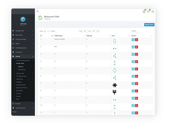 restaurant management system Table Management